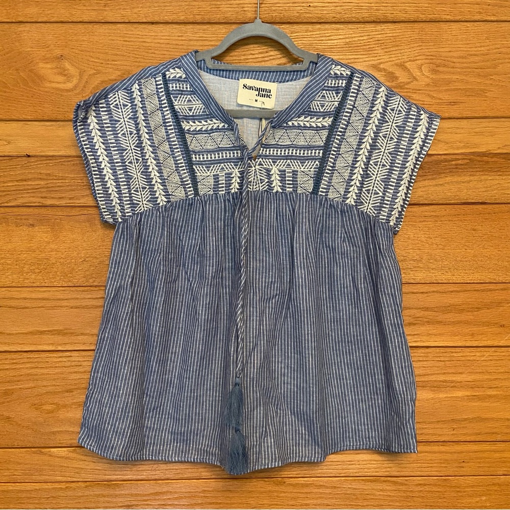 Savanna Jane Blue and White Embroidered Short-Sleeve Peasant Top